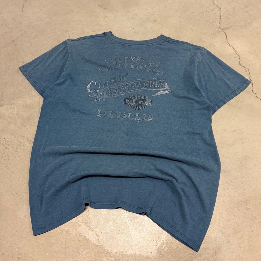 Vintage Harley Davidson Spencer's Elkhart IN Pocket Tee Blue Large Distressed